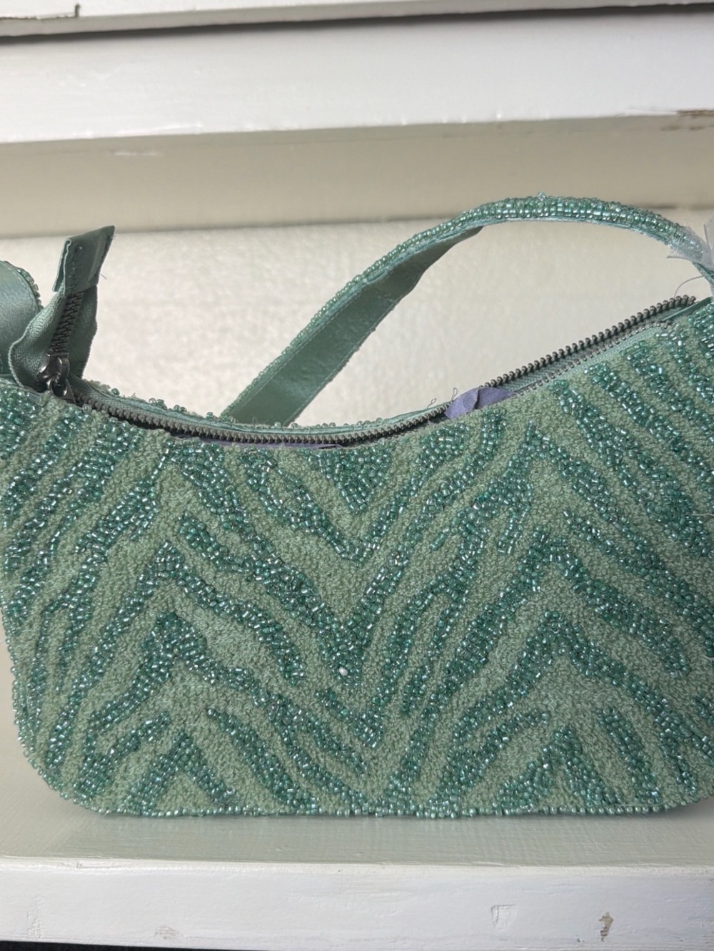 Beaded Mint Zebra-Pattern Mini Shoulder Bag